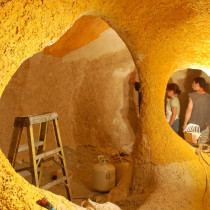 INTERIOR MUSHROOM HOUSE set - Production of molded panels of varied texture in plaster, rubber latex for transparency and stamped cement for the floors