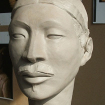 13 head models sculpted in clay, casted in plaster, assembled according to their position in the army distinguished by the headgears.